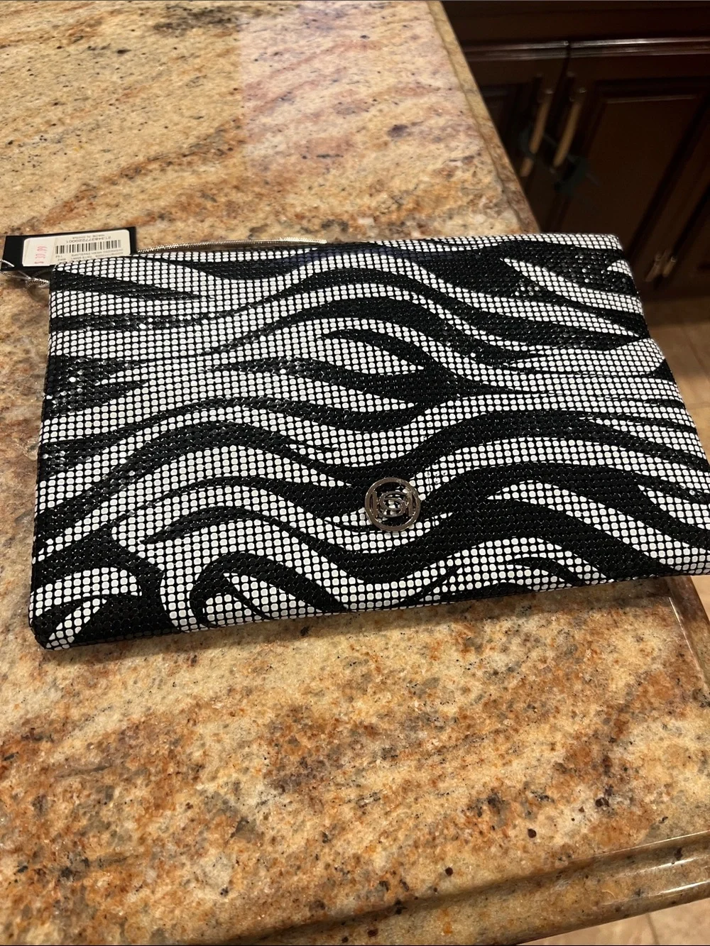 bebe Black and White Zebra Mesh Envelope Clutch with Chain